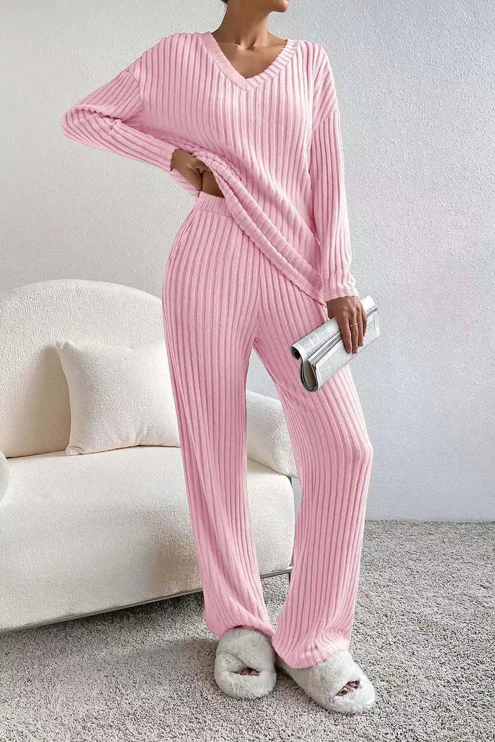 Colette | Striped V-Neck Long Sleeve Top and Trouser Set