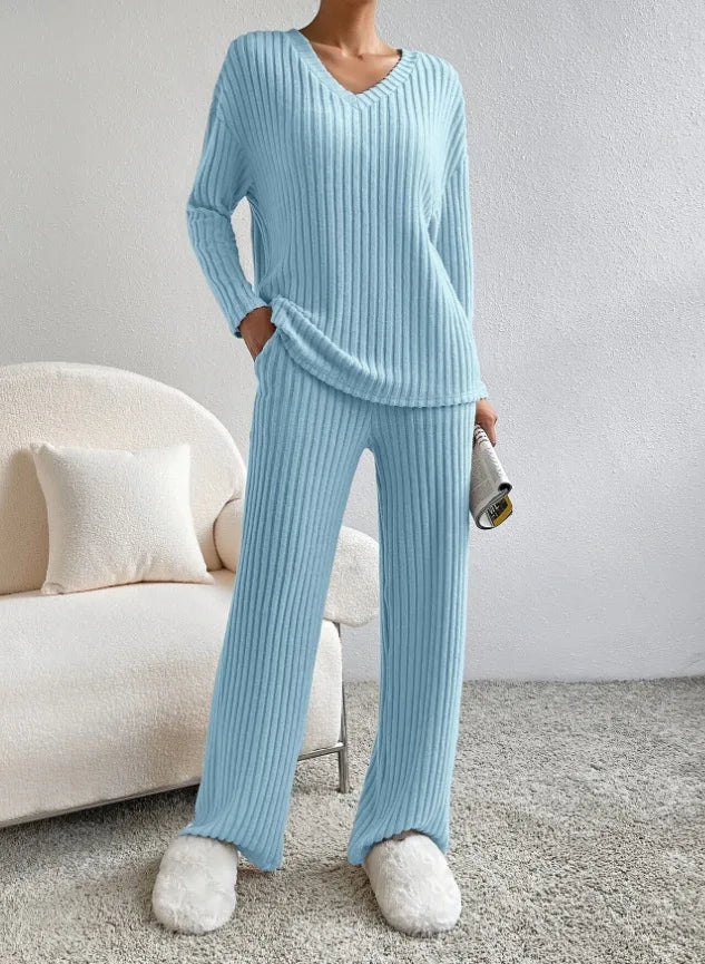 Colette | Striped V-Neck Long Sleeve Top and Trouser Set