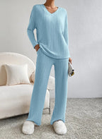 Colette | Striped V-Neck Long Sleeve Top and Trouser Set