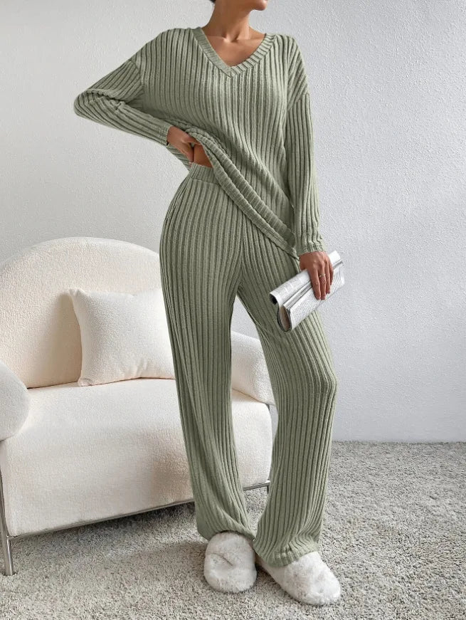 Colette | Striped V-Neck Long Sleeve Top and Trouser Set