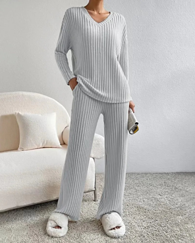 Colette | Striped V-Neck Long Sleeve Top and Trouser Set