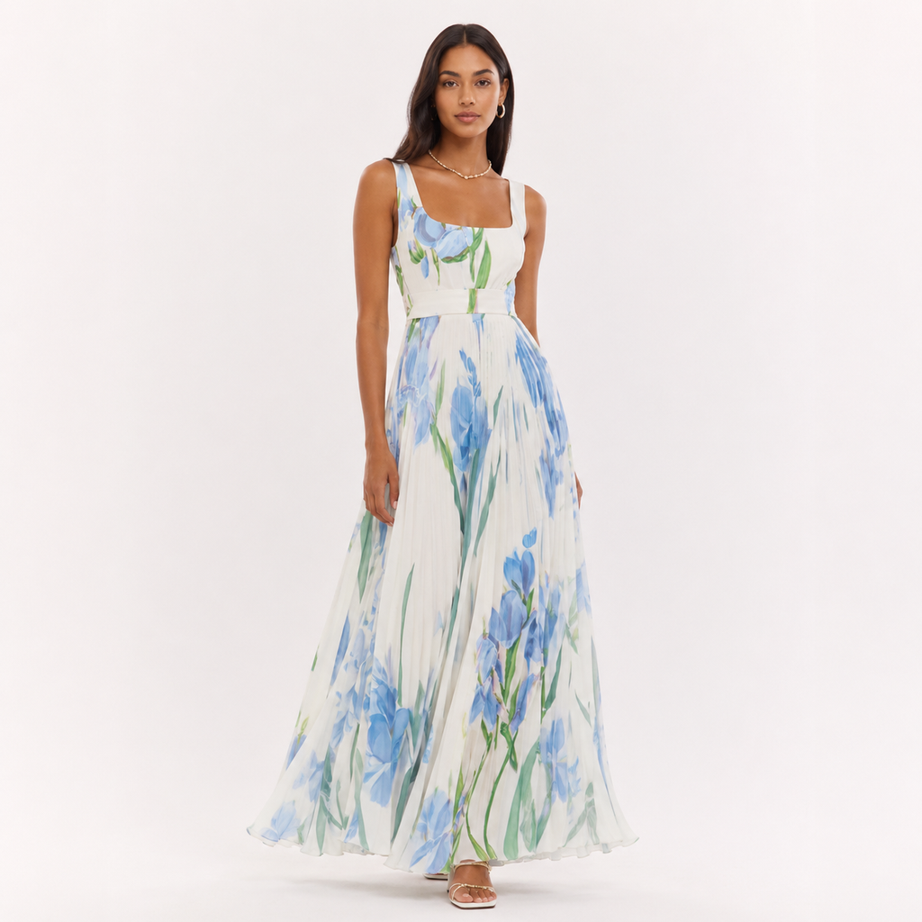 Pleated Floral Square Neck Maxi Dress