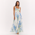 Pleated Floral Square Neck Maxi Dress