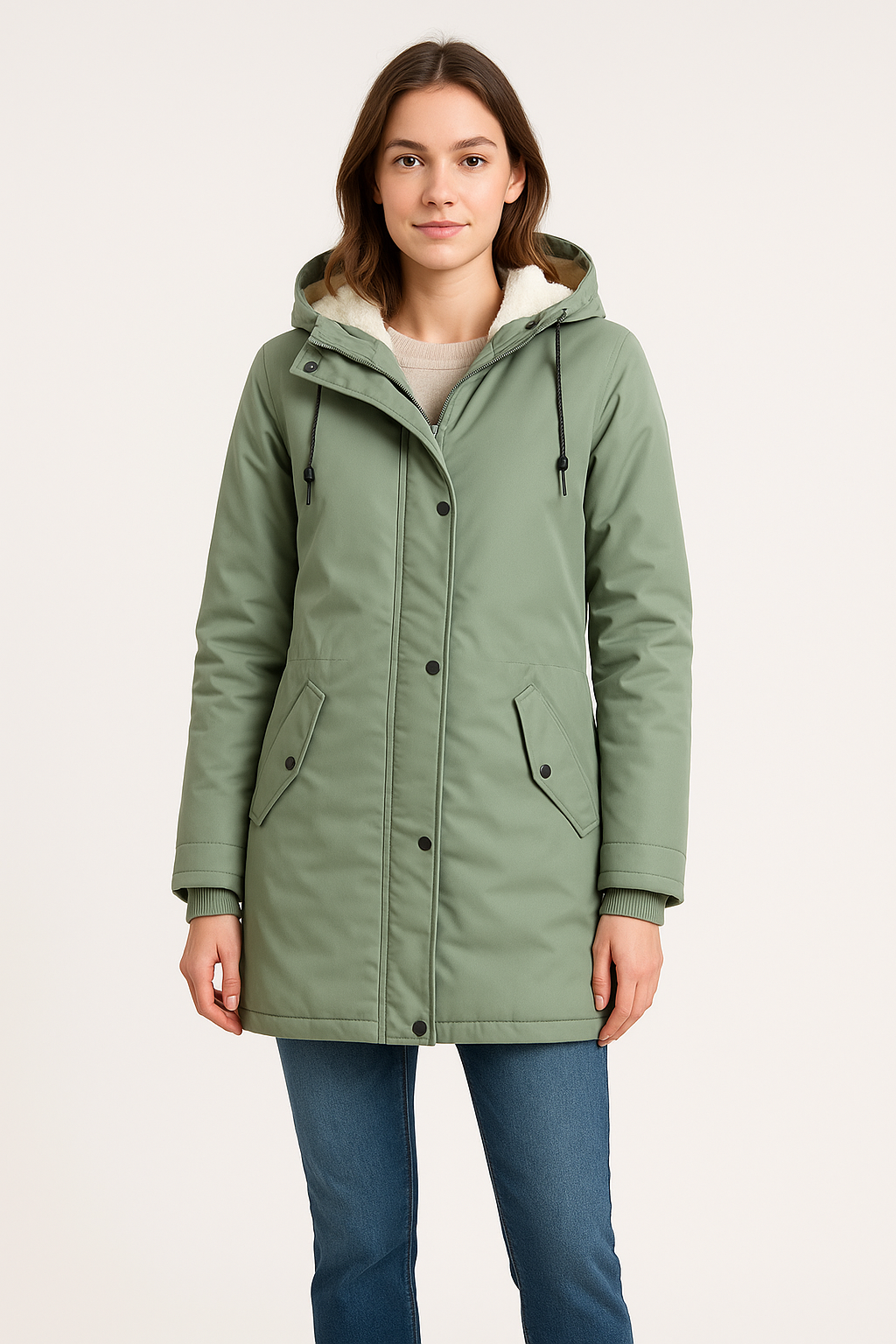Hooded Sherpa-Lined Mid-Length Parka