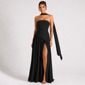 Strapless Scarf-Neck Pleated Maxi Gown
