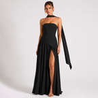 Strapless Scarf-Neck Pleated Maxi Gown