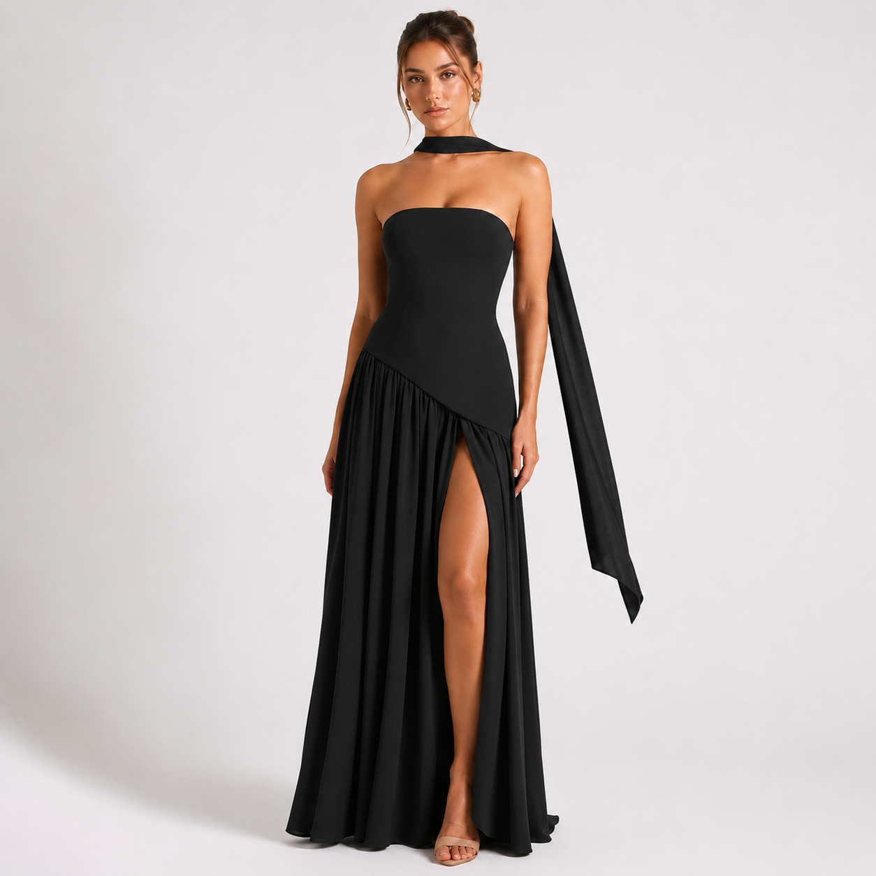 Strapless Scarf-Neck Pleated Maxi Gown