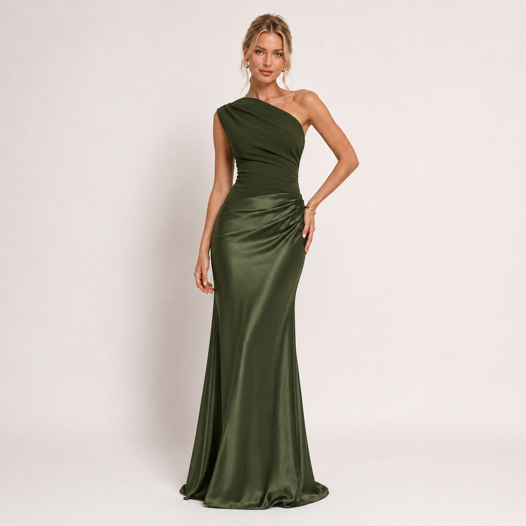 Satin One-Shoulder Backless Bodycon Maxi Dress