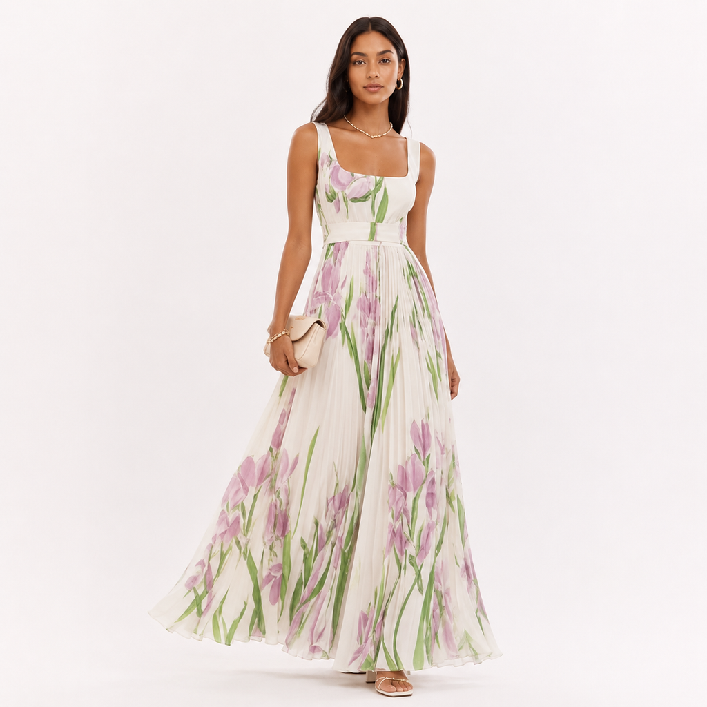 Pleated Floral Square Neck Maxi Dress