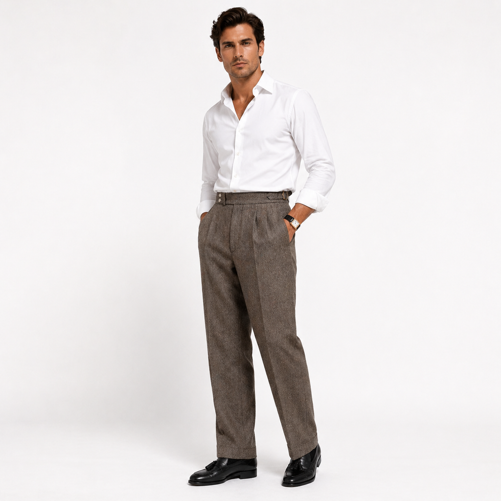 Herringbone Wool Blend Pleated Trousers