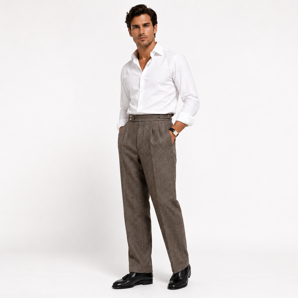 Herringbone Wool Blend Pleated Trousers
