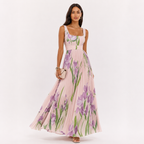 Pleated Floral Square Neck Maxi Dress