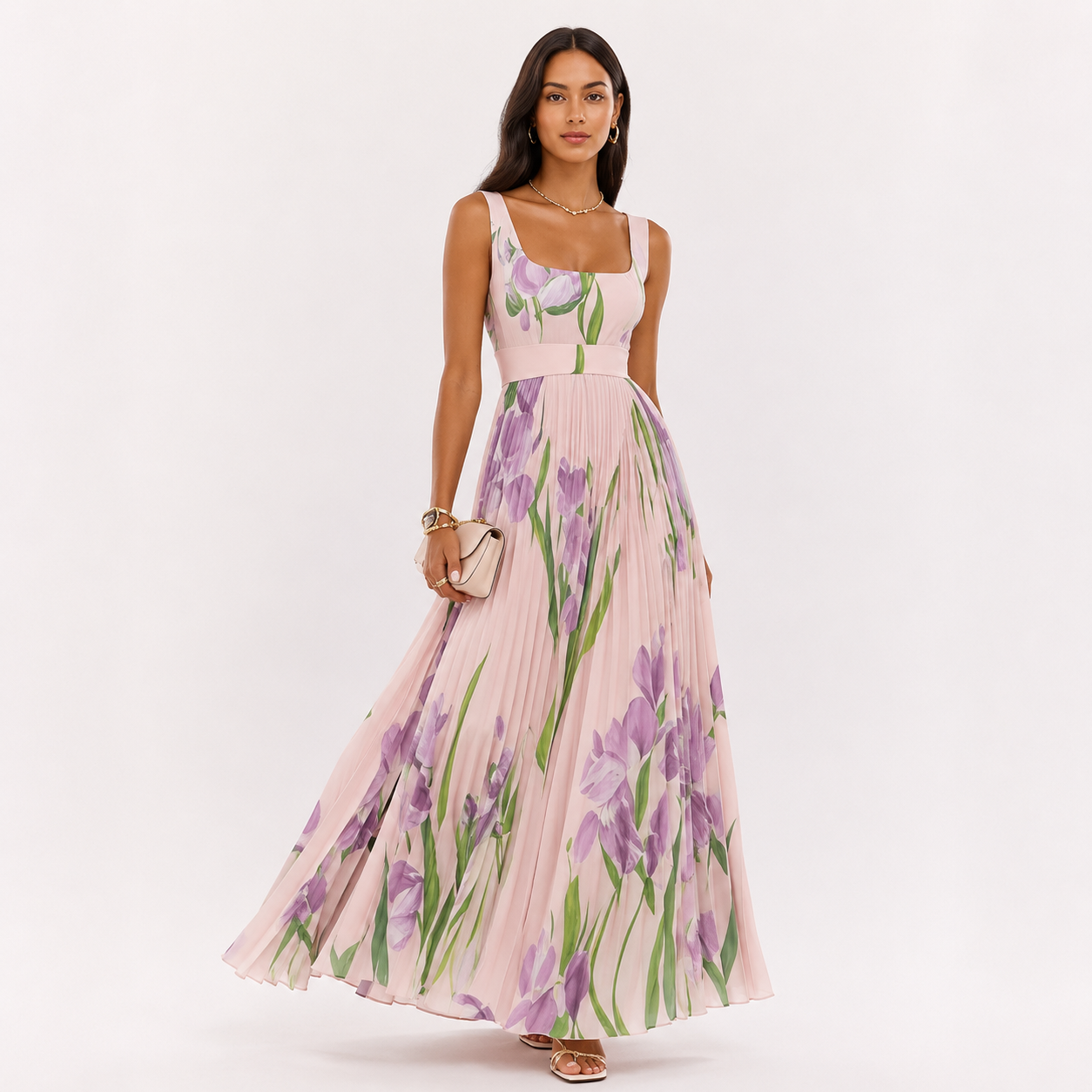 Pleated Floral Square Neck Maxi Dress
