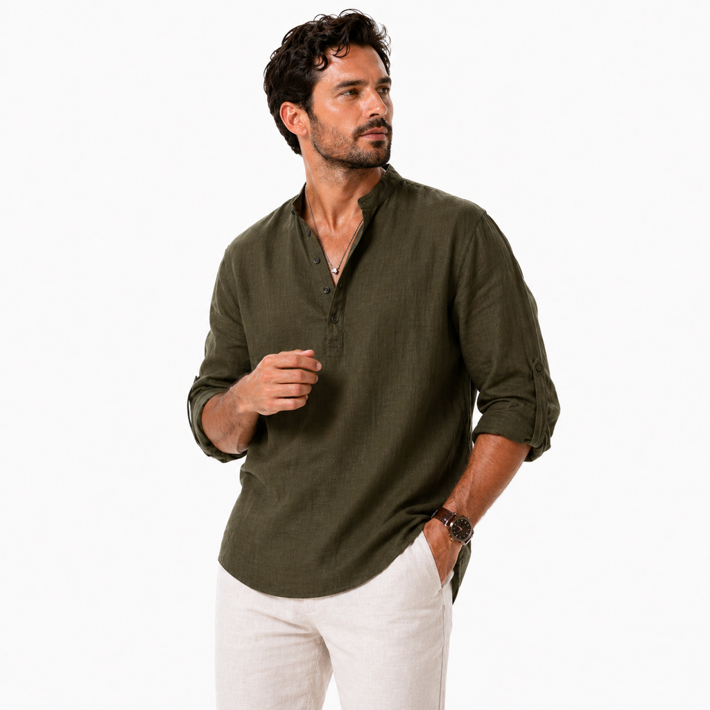 Linen Cotton High Collar Long Sleeve Shirt