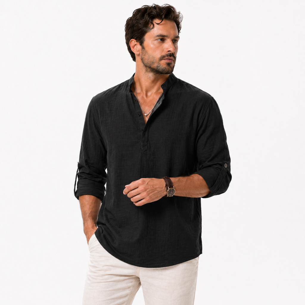 Linen Cotton High Collar Long Sleeve Shirt