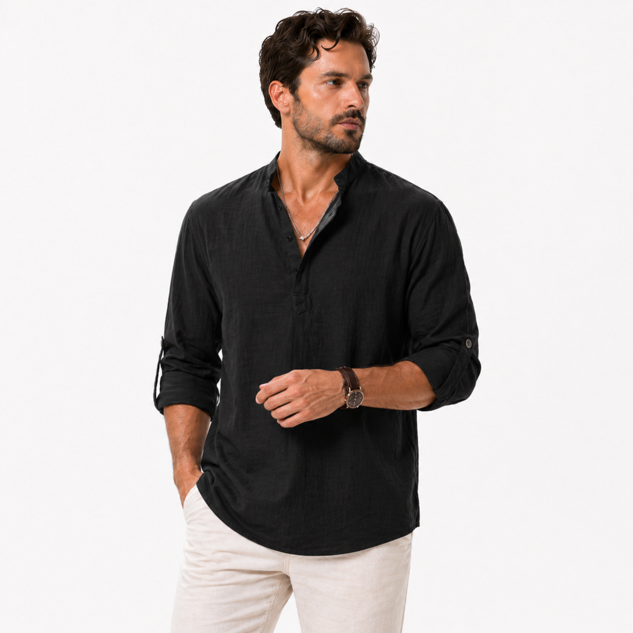 Linen Cotton High Collar Long Sleeve Shirt