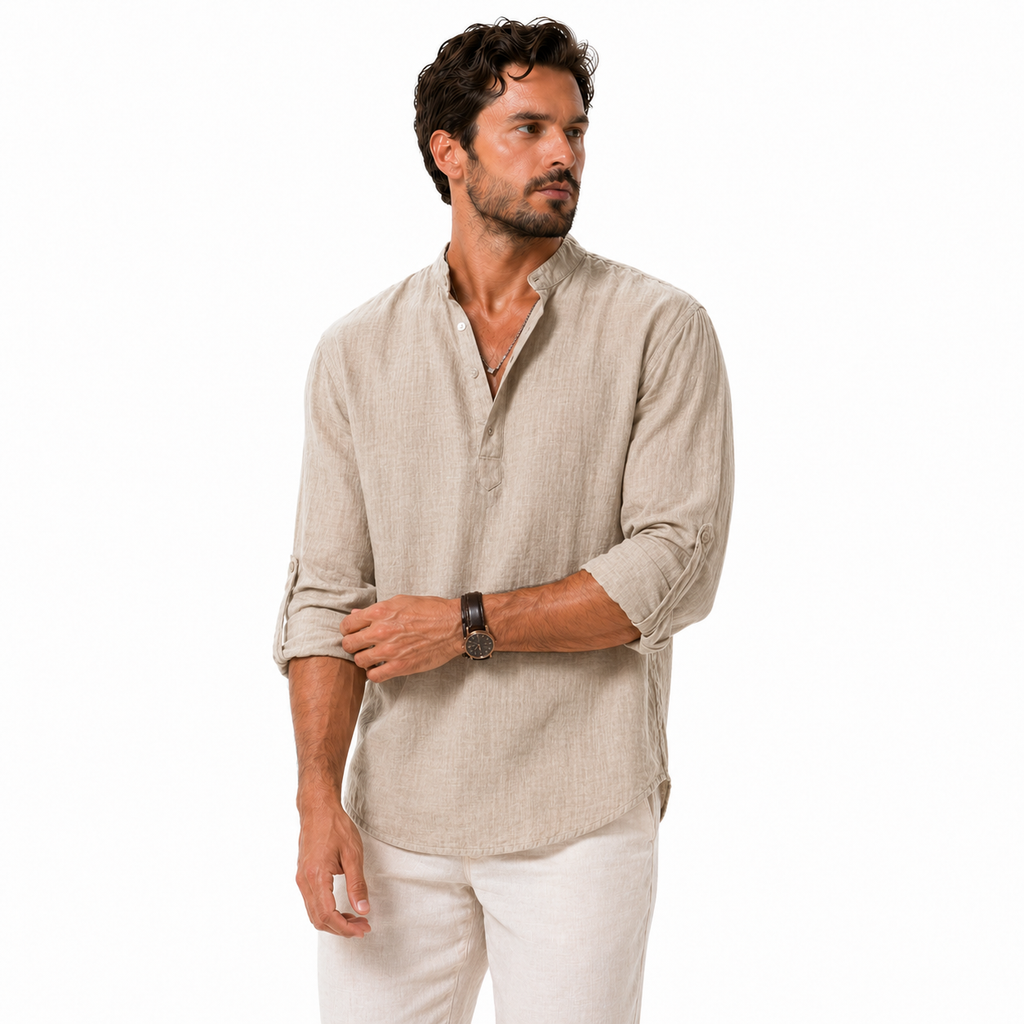 Linen Cotton High Collar Long Sleeve Shirt