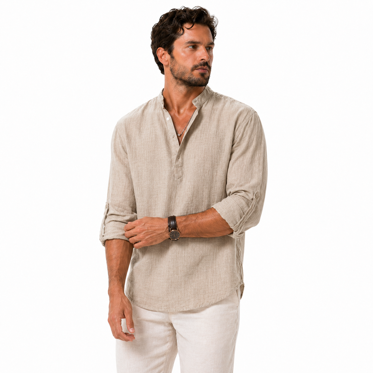 Linen Cotton High Collar Long Sleeve Shirt