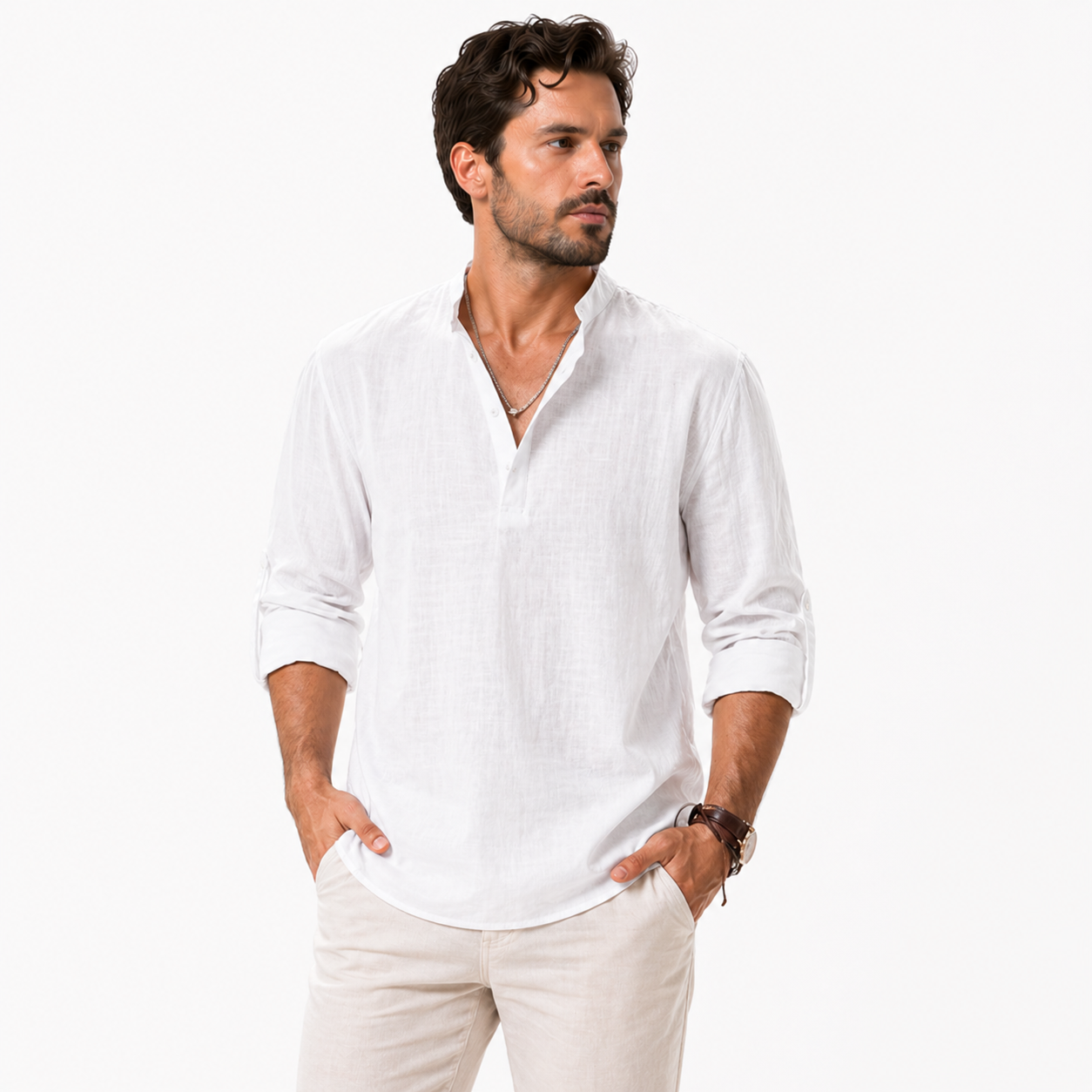 Linen Cotton High Collar Long Sleeve Shirt