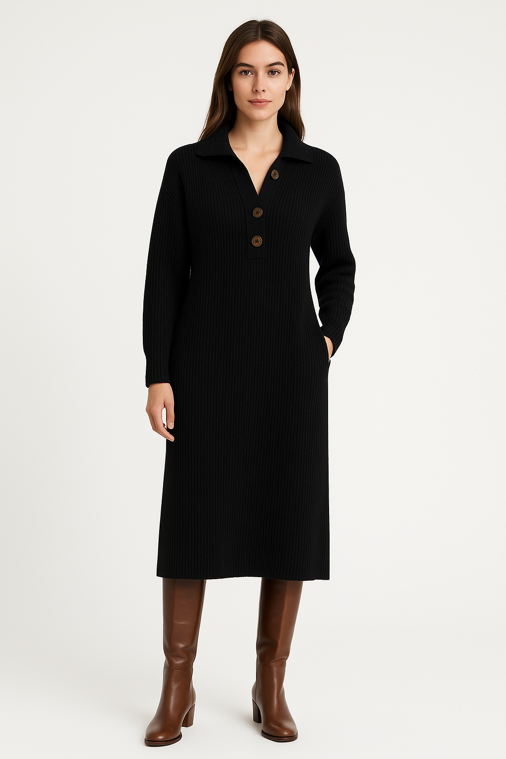 Button-Front Knitted Midi Dress
