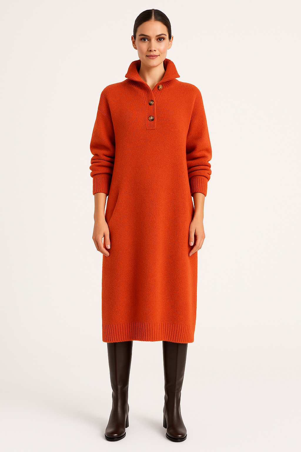 Button-Front Knitted Midi Dress
