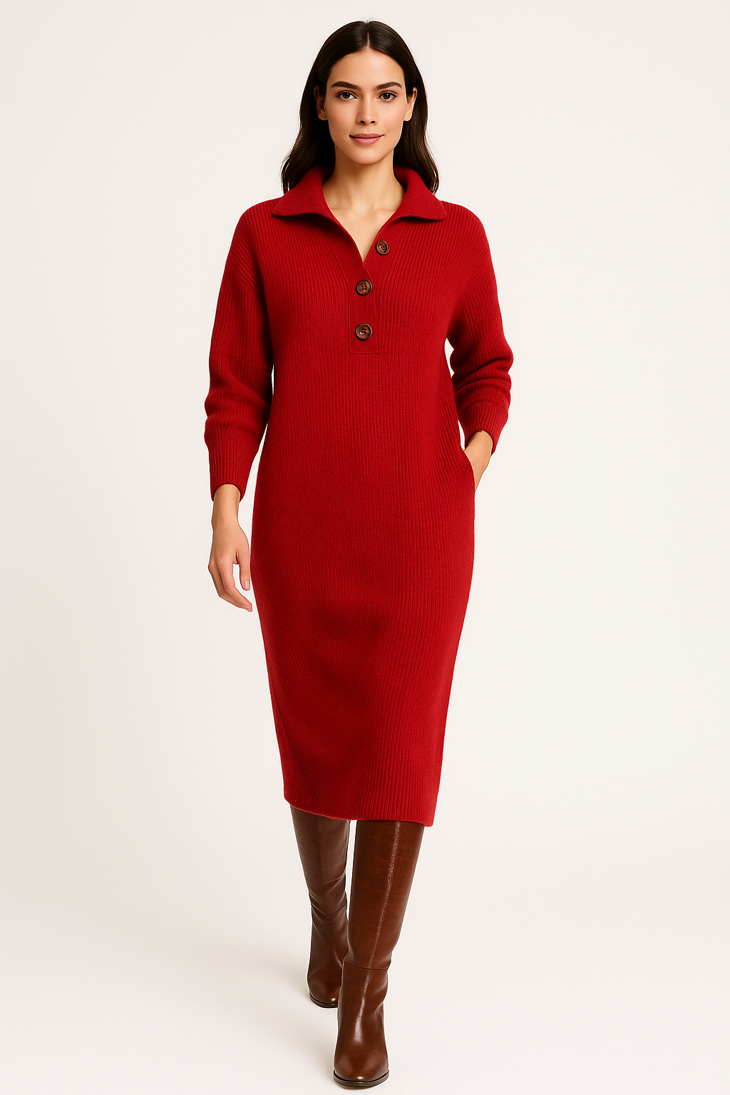 Button-Front Knitted Midi Dress