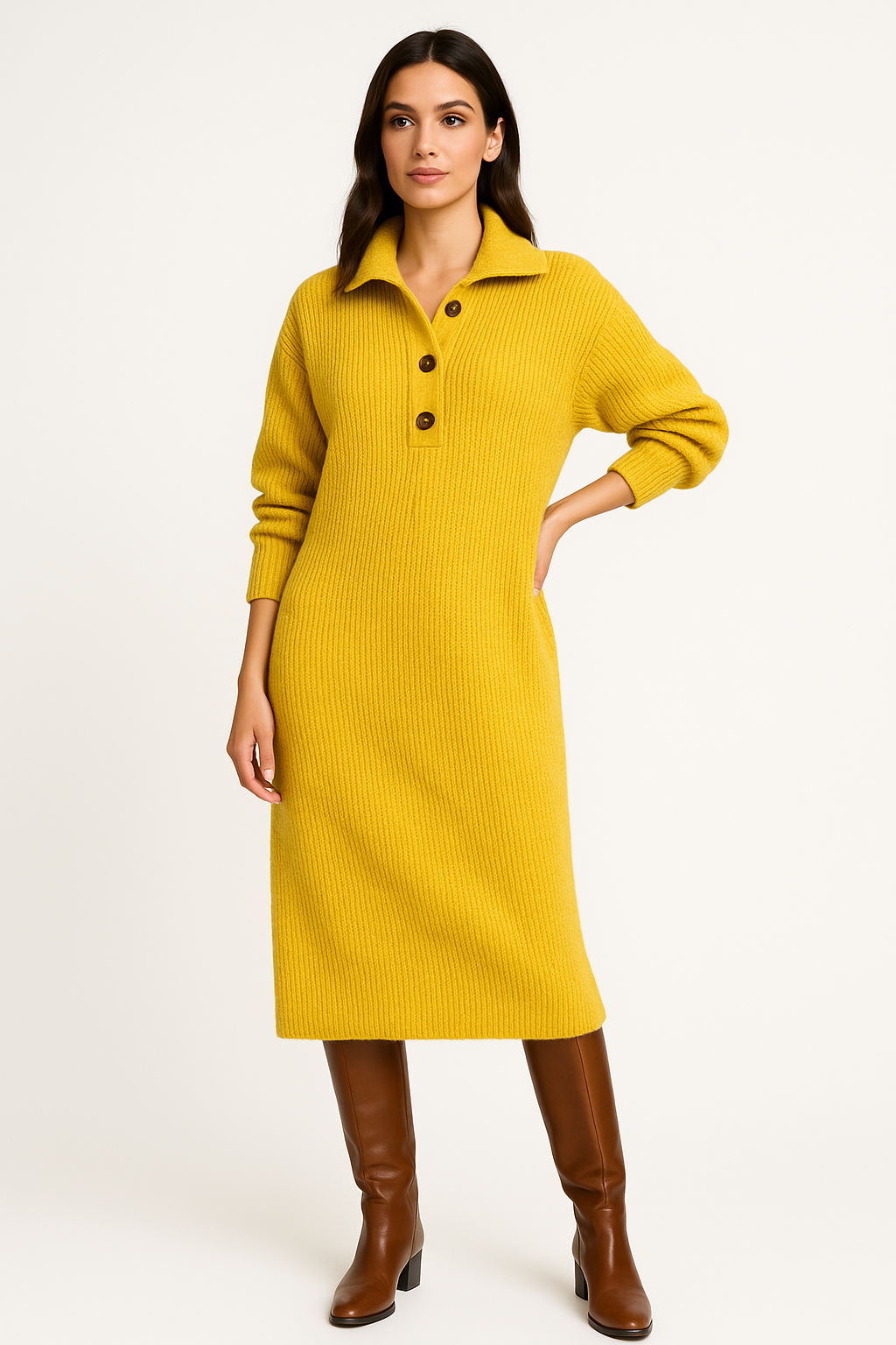 Button-Front Knitted Midi Dress